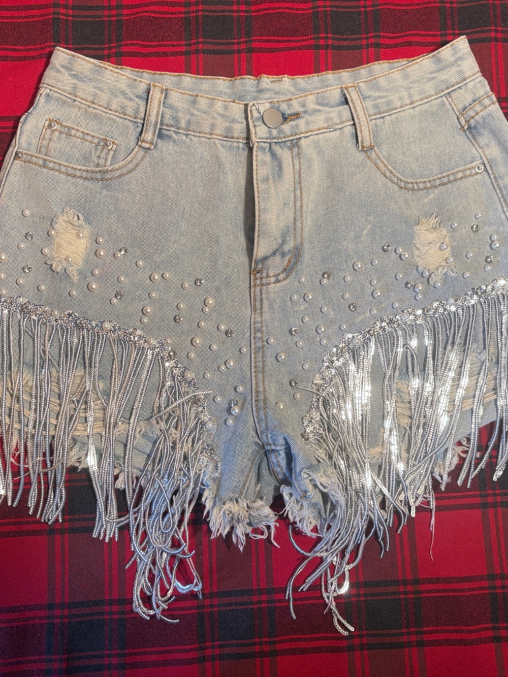 Silver Fringe Embellished Light Blue Denim Shorts - Women